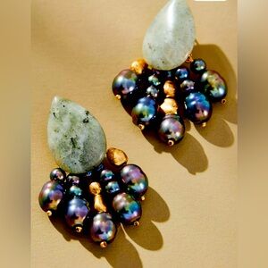 Anthropologie Womens Pearl-Fringe Dangle Drop Earrings Gray Gold Purple OS